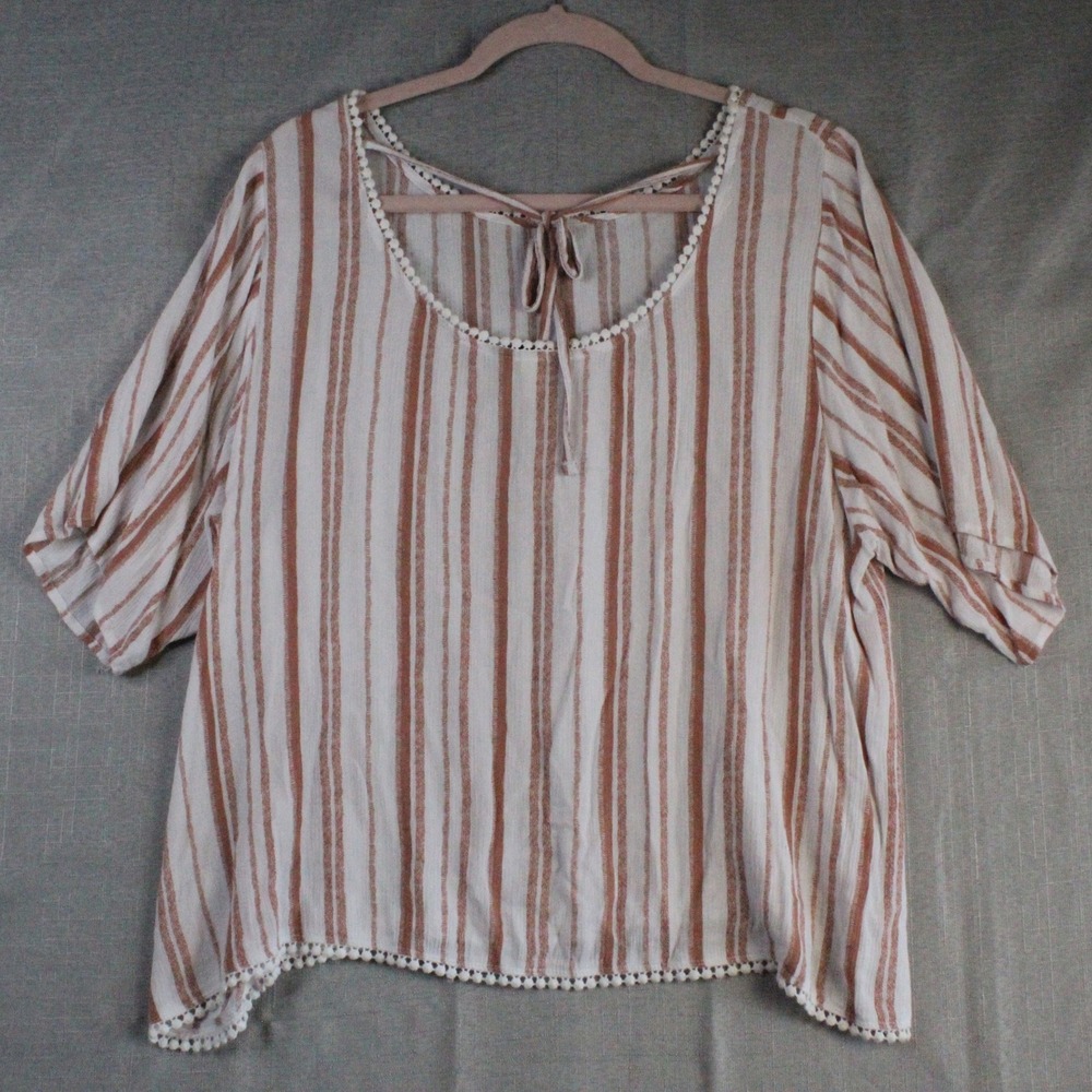 Supplies by Unionbay Striped Pom Pom Blouse Large White Tan Boho Coastal Grandma